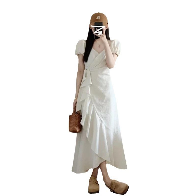 French High-end Ruffle Leaf Edge Bubble Sleeve Dress Women's Summer Design Waist Thin Dress Children