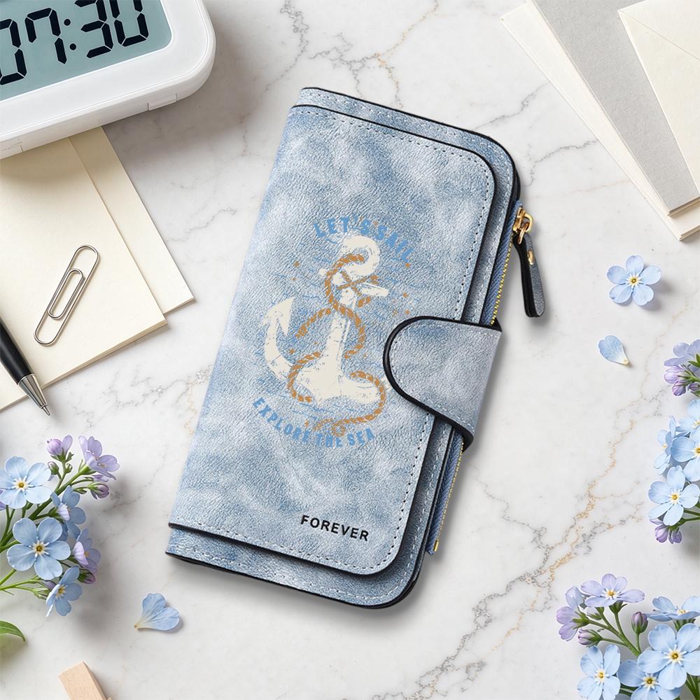 Vintage Anchor Print Wallet Multi Card Organizer Fashion Casual Long Purse