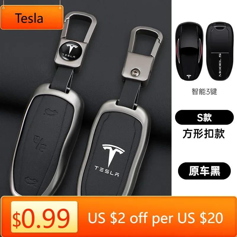 Car Sticker Tesla Zinc Alloy Leather Car Fob Smart Remote Key Case Cover Holder For Tesla Model 3 Model S Model Y Protector Keyc
