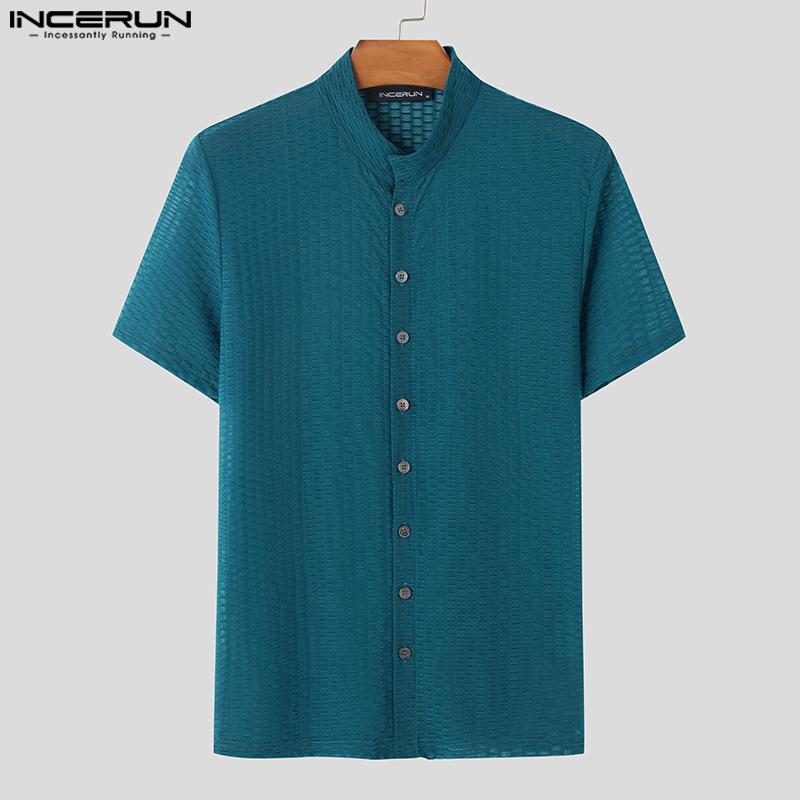 INCERUN Summer Men Stand Neck Short Sleeve Semi-Sheer Texture Skinny Casual T-shirts Tops