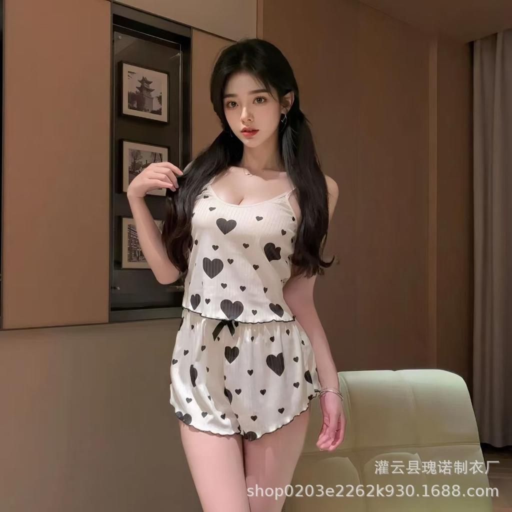 Large size explosion pure desire sexy love printing suspenders pajamas loungewear casual style split set new