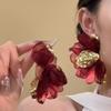 Retro Red Fabric Chiffon Flower Earrings Earrings Exaggerated Earrings Design Sense Niche