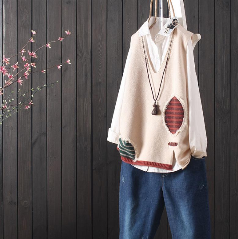 Autumn Winter Women's Loose Knitted Vest Sleeveless Vest Literary Color-block V-neck Pullover Knit Waistcoat