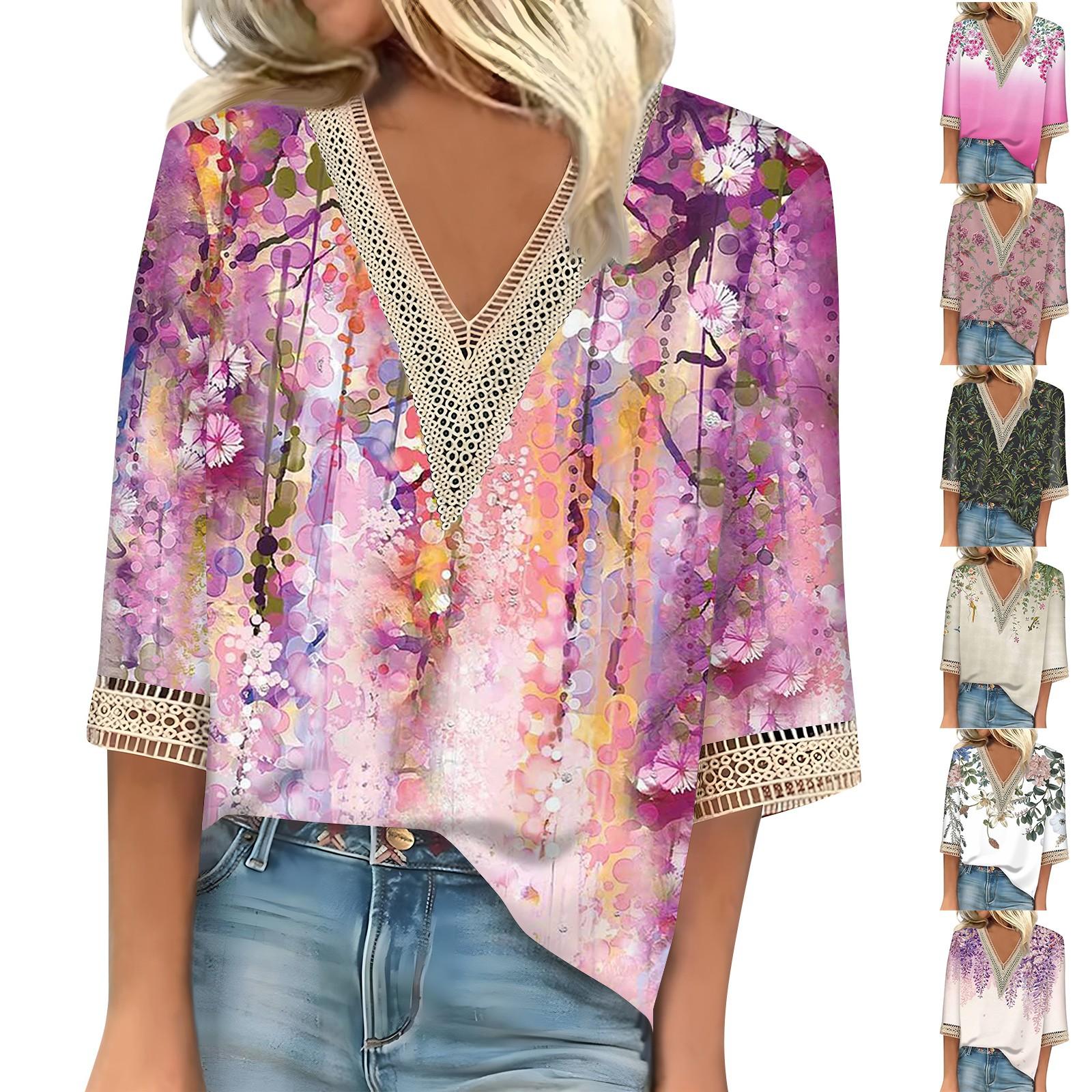 

Женская рубашка, блузка, повседневные свободные рубашки, рукава 3/4, кружевные топы с v-образным вырезом и принтом, топы с принтом, футболки, футболки L темно-зеленого