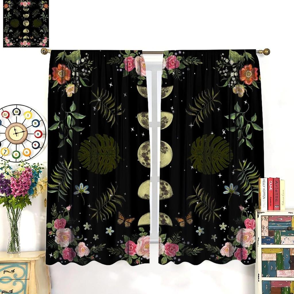 Boho Moon Decor Curtains,Magic Moons and Stars Boho Pattern for Home Kitchen Restaurant Decoration Window Curtain 2Panel