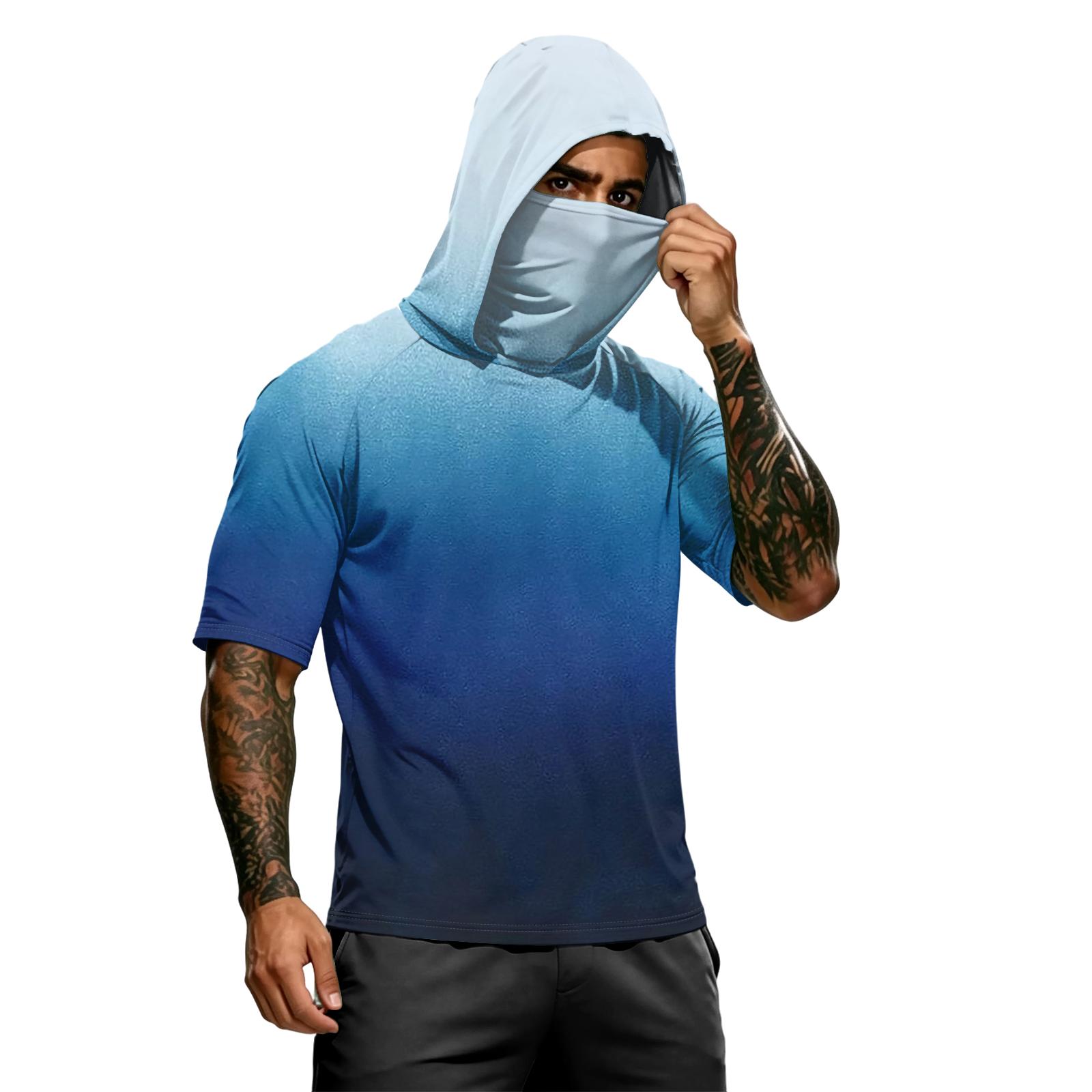 

Men s summer camouflage gradient drying short-sleeved T-shirt, sun clothing, fishing, fitness, sports, hooded short-sleeved shirt XL