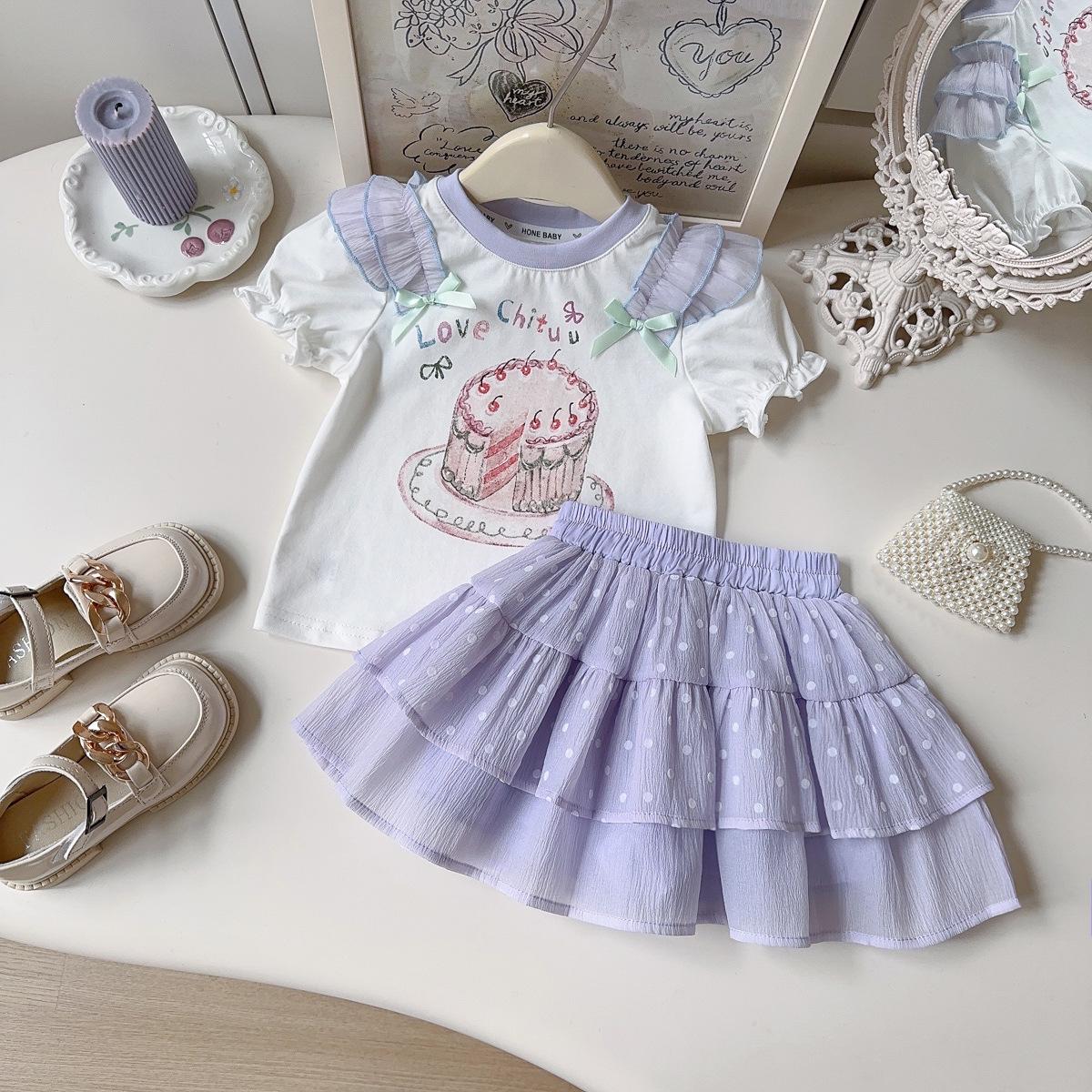 Korean Style Summer Girls Cake Print T-shirt & Polka Dot Skirt Set Size 90