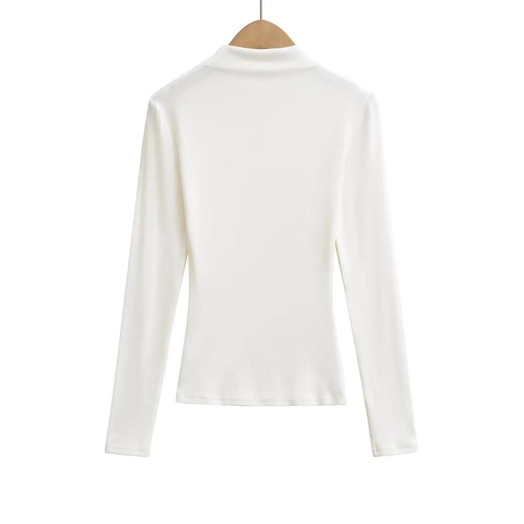 Women's Slim Fit Long Sleeve Cashmere T-Shirt with Half-High Collar for Spring and Autumn