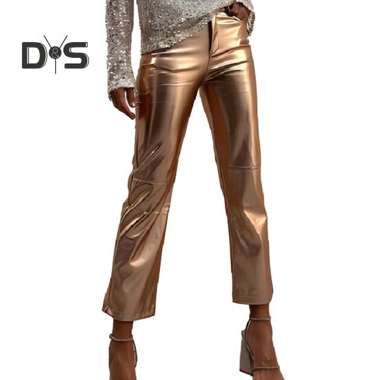 

Женские брюки Slim Fit с глянцевой гладкой поверхностью из искусственной кожи с карманами на молнии и пуговицах со средней талией Мягкие дышащие клубные вечерние женские девятые брюки S золотистый