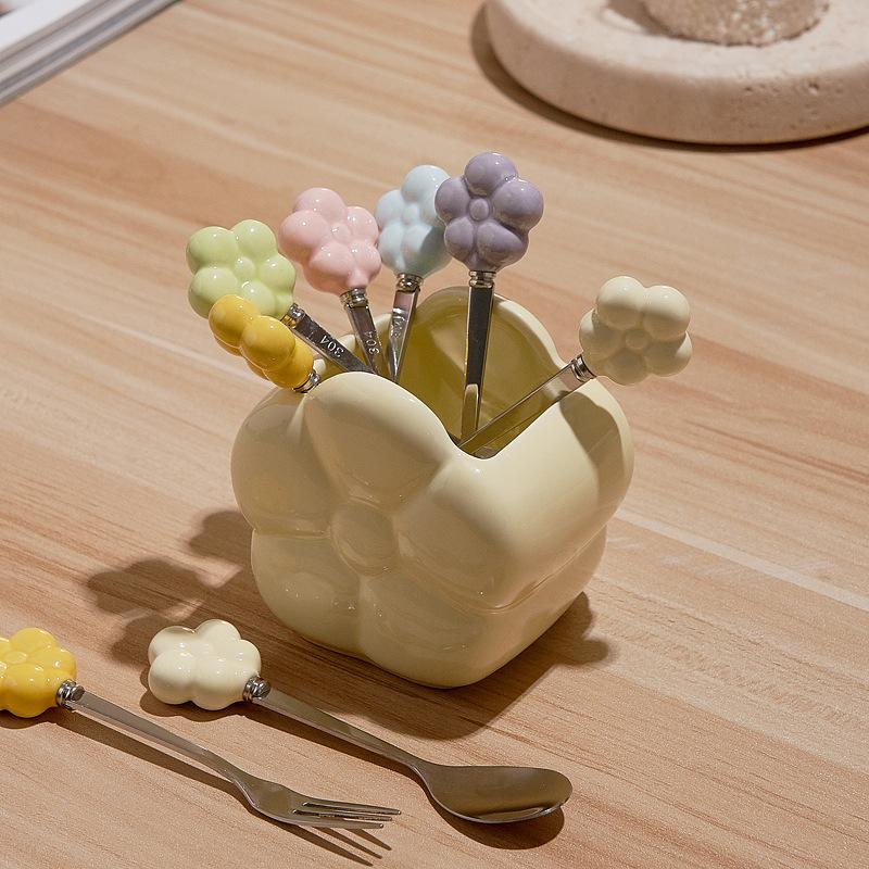 Creative Stainless Steel Fruit Fork Table Decoration Ornament Ceramic Storage Jar Set Exquisite Afternoon Tea Knife Fork