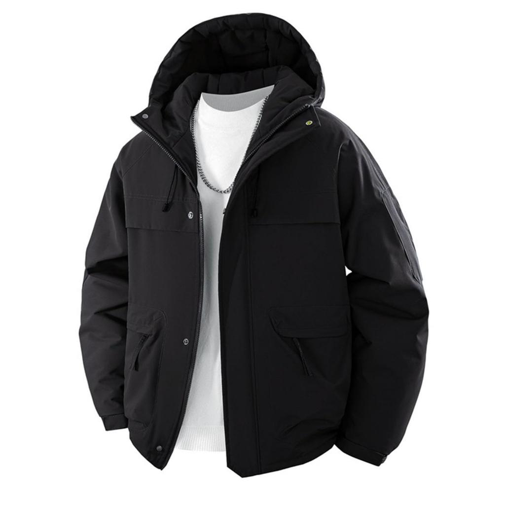 Men's And Women's Casual Solid-color Warm Graphene Hooded Cotton-padded Jacket, Men's Outdoor Large Pocket Workwear Thickened Down Jacket