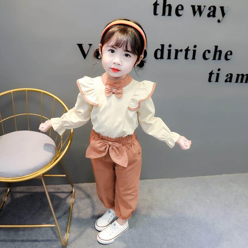 Completi da bambina Vestiti primaverili e autunnali Decorazione con fiocco carino Monopetto Maniche lunghe Confortevole Leggero e traspirante Set due pezzi