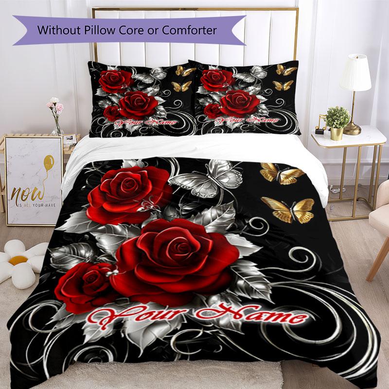 3PC Custom Name Roses Butterflies Art Bedding Set Printed Bedding Set Duvet Cover Closure Includes 1 Duvet Cover & 2 Pillowcases for All Seasons Bedro