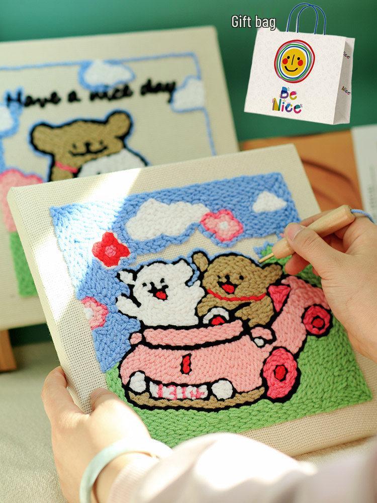 Cute Couple Dog Punch Needle Embroidery Kit – DIY Yarn Painting with Photo Frame, Perfect Handmade Anniversary Gift