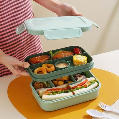 2000ML Double Layers Lunch Box with Spoon Fork Cutter Airtight Lid Food Grade Dishwasher Microwave Freezer Safe Students Thermal Bento Food Container