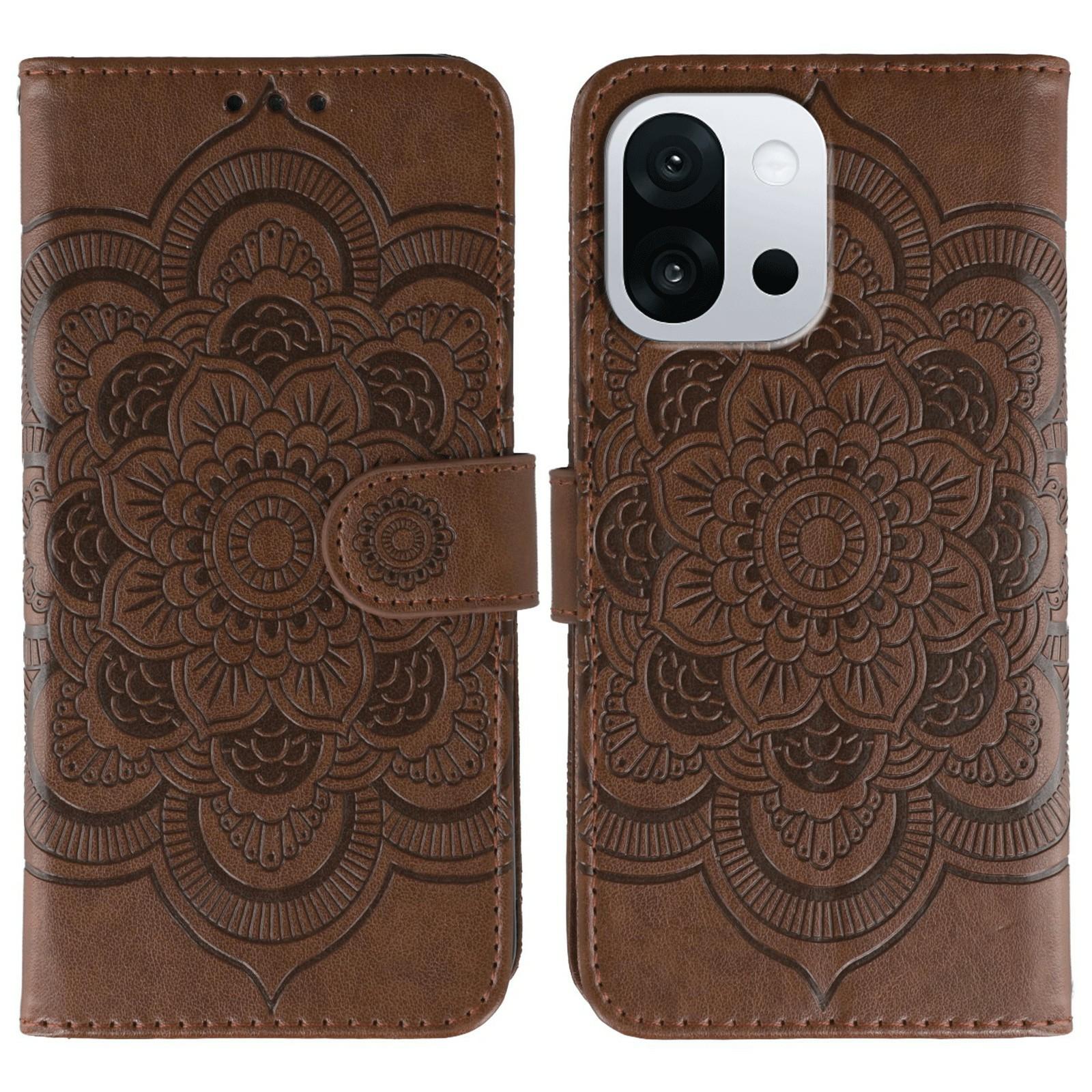 

For OnePlus 13T 5G Case PU Leather Mandala Imprinted Design Wallet Phone Cover with Wrist Strap Brown