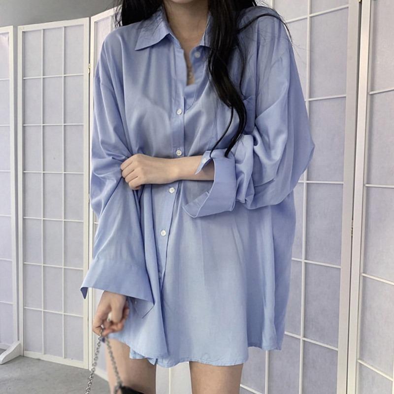 

Button down Long Sleeve Loose Fit Lightweight Shirts for Women Vintage Solid Color Lapel Collar Work Office Blouse Top One Size