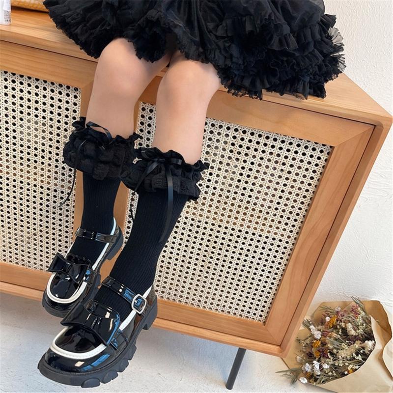 Breathable Cotton Hosiery Socks for Girls Toddler Stretchy Knee High Socks Puff Edge Lace Bows Socks for Autumn Spring