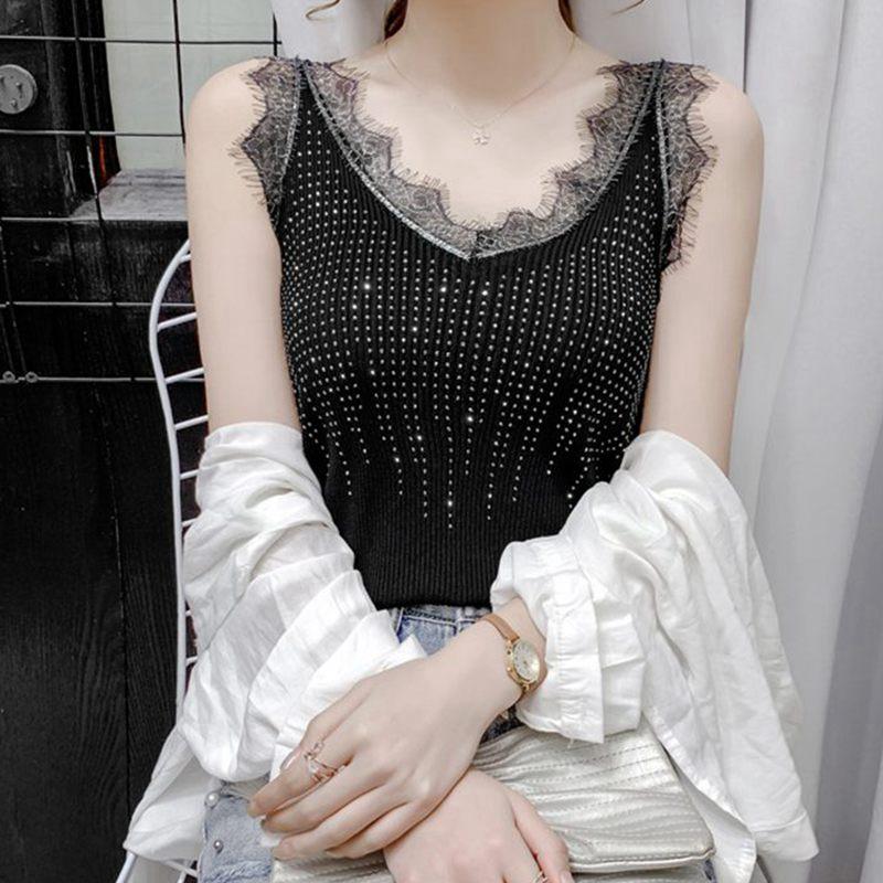 Women Spring Summer Curly Beads Lace V Neck Knit Camisole Sleeveless Diamond Outer Wear Tank Tops