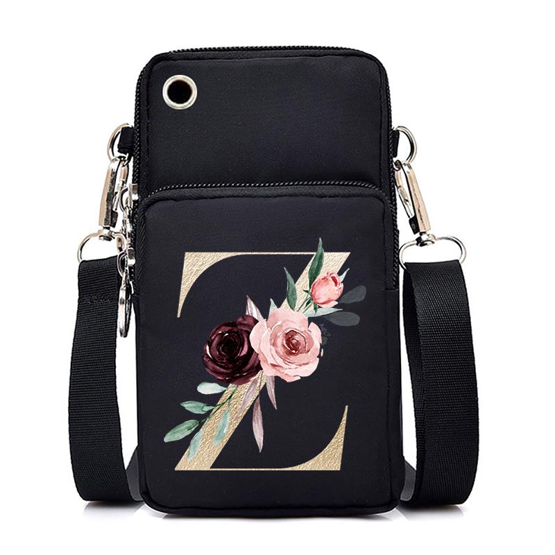 Gold Color Letters A B C D Mini Mobile Phone Bag Pink Flower Alphabet Vertical Handbag 26 Initials Flower Woman Purse Handbags