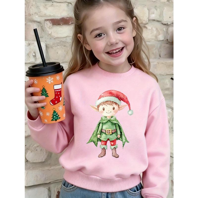 European sizes Kids' Black Elf Print Christmas Sweater with Red & White Elf Design - Cozy Long Sleeve Round Neck Pullover