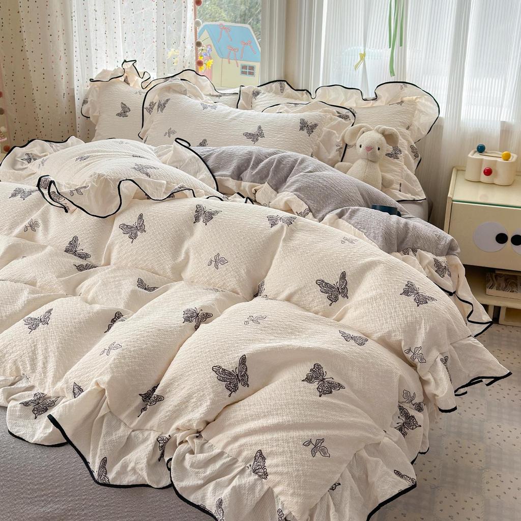 Bubble Cotton Fresh Floral Lace Bedding Set - 4-Piece Soft Duvet Cover & Sheet