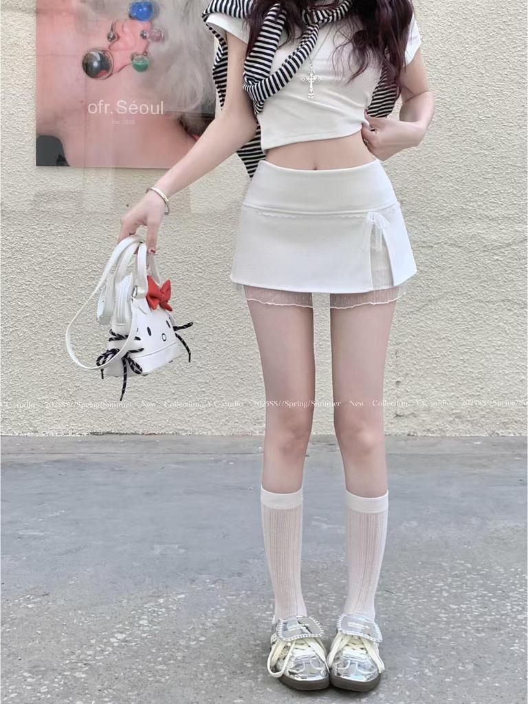 Women's Sweet & Spicy Korean Patchwork Lace Trim Bow Midi Skirt with High Waist & Anti-Exposure Design