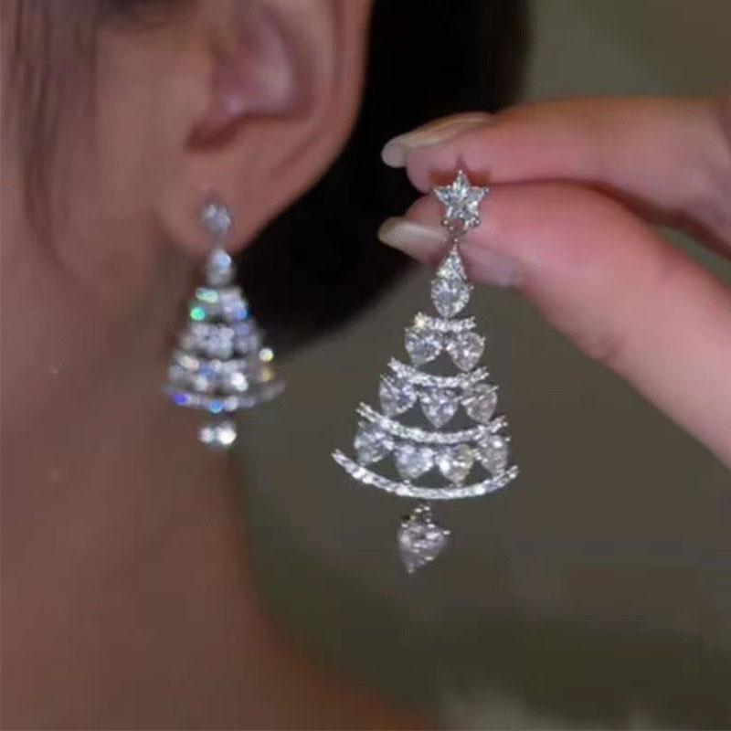 Trendy Shiny Full Rhinestone Christmas Tree Stud Earrings For Women Luxury Wedding Jewelry Girl Tassel Earring Jewerly