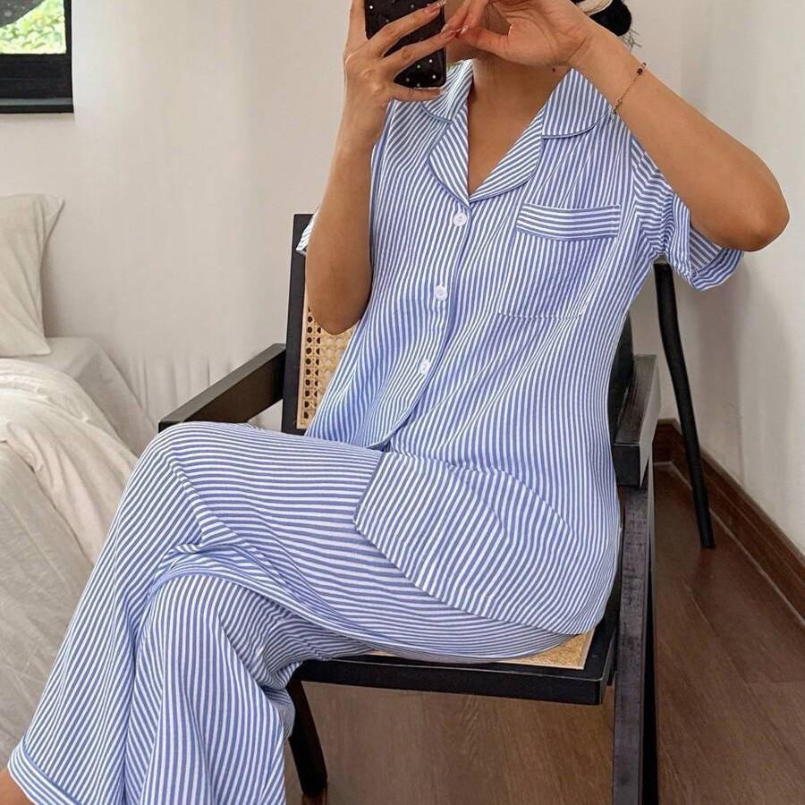 Best-selling Women's Striped Printed Pajama Set, Long-sleeve Long Pants, Faux Cotton Lapel Cardigan, Loungewear