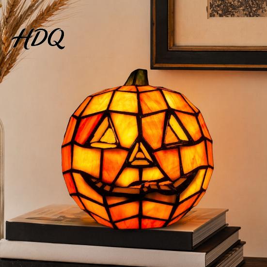 Festive Halloween Lamp Stained Glass Pumpkin Lamp Bedside Table Orange Durable Lantern Accent Night Light for Indoor Home Holiday Party Decor Yard