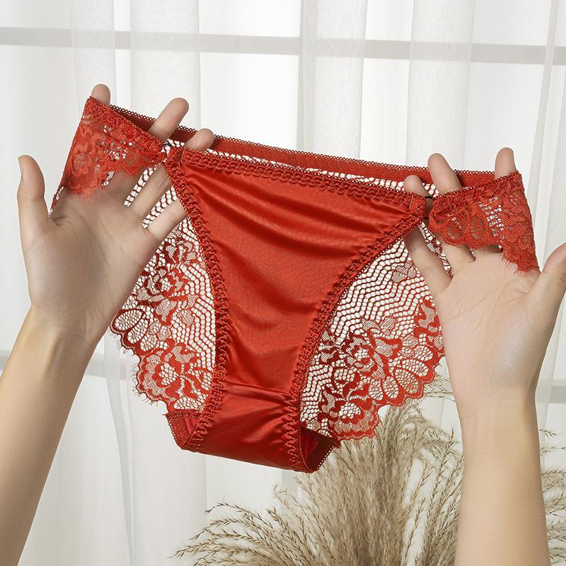 Female Summer New Style This Year Red Sexy Lace Satin Semi Transparent Hollow Mesh Gauze Triangle Briefs