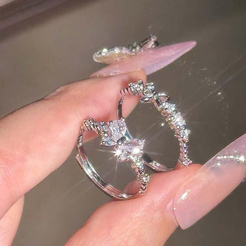 Fashion Bowknot Zircon Rings For Women Girls Luxury Geometric Metal Open Rings Y2K 2000S Good Friend Jewelry Gifts Accessories
