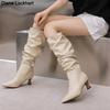 Retro Pleats Thigh High Boots for Women  Autumn Thick Heeled Pointed Toe Cowboy Boots Woman Slip On Western Long Botas Mujer