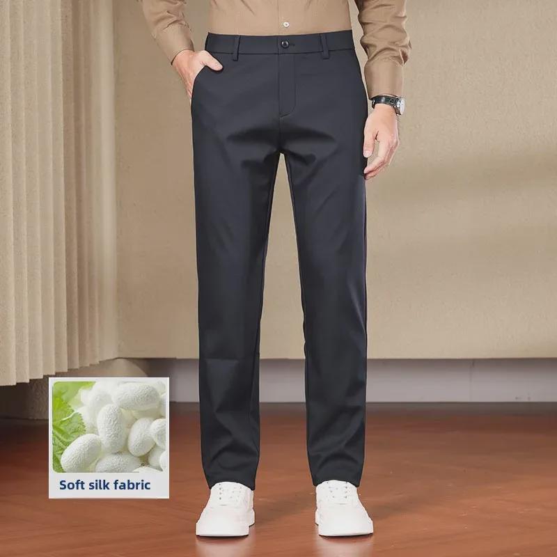 Herren Business Casual Maulbeerseide Hose: Neu, Locker geschnitten, Knitterarm, Elastisch, Dick, Gerades Bein für Herbst/Winter.