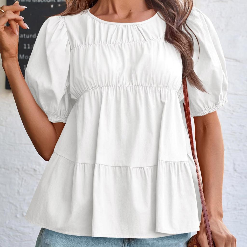 New Summer Puffed-sleeve Doll Shirt, Short-sleeved Loose and Casual A-line Pleated Stylish Top
