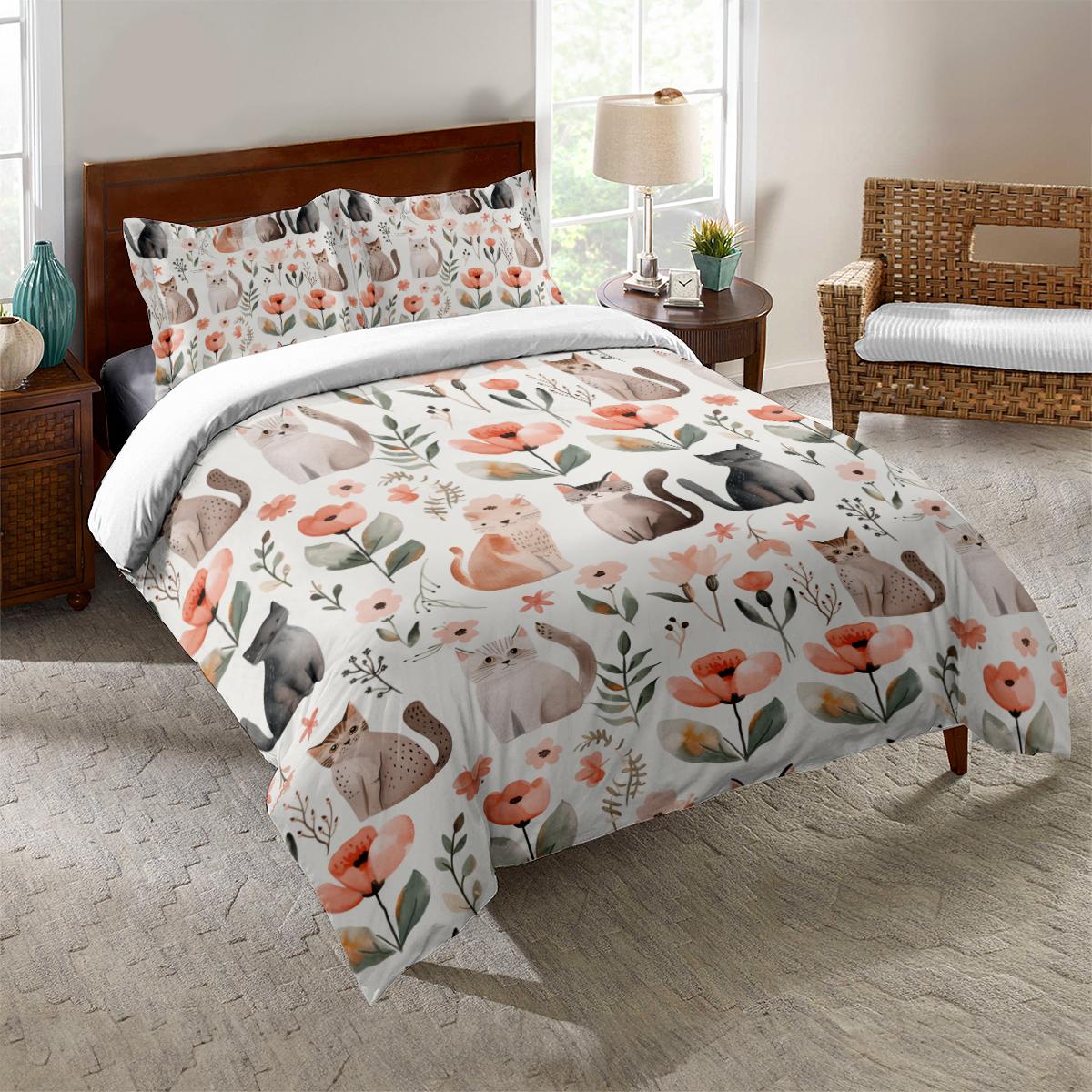 

Cute Kitten с цветочным узором Пододеяльник-одинарный,двухместный,полный,королевский