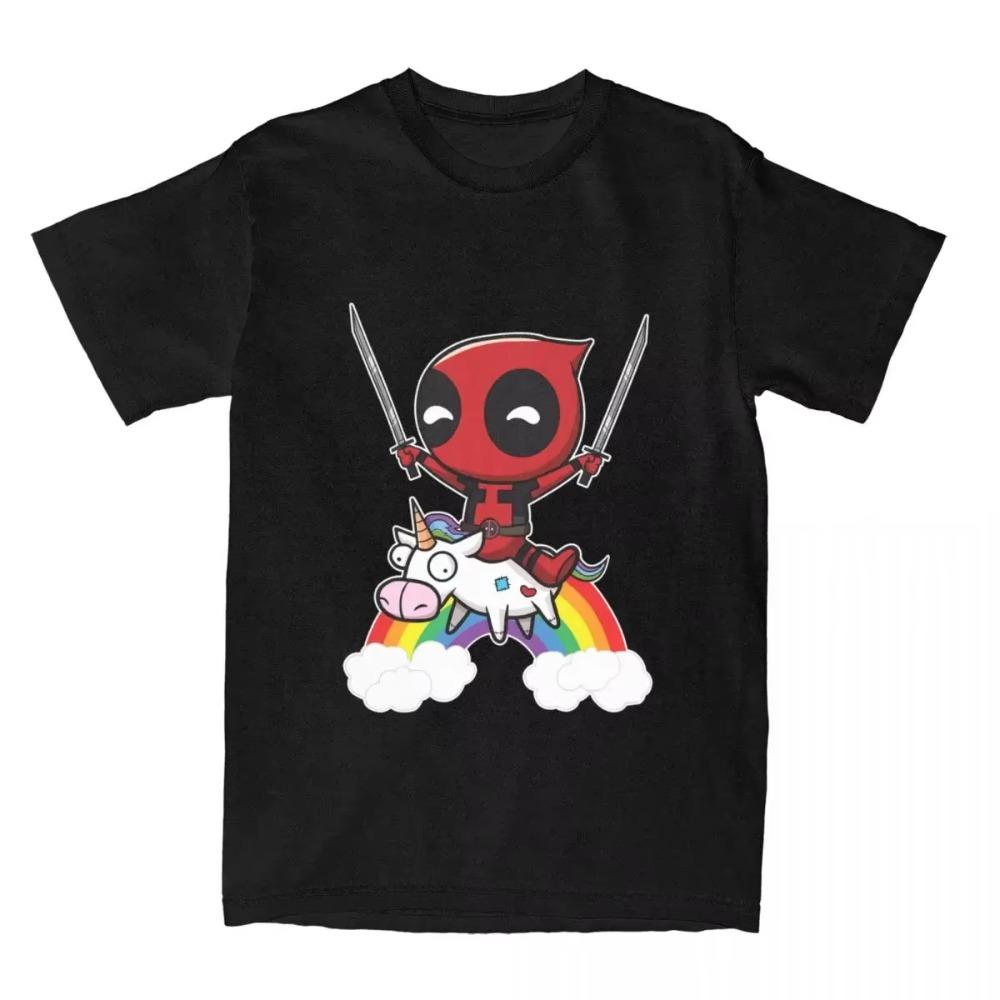 Awesome Deadpool On A Unicorn T-Shirt Men Women's Crewneck Cotton T Shirts Harajuku Short Sleeve Tee Vintage Streetwear Clothes
