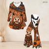 Women Plus Size Two Piece Set Round Neck Three Quarter Sleeve Bear Pumpkin Printed Flared Top And Flared Pants