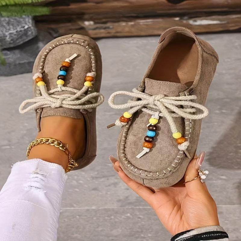 Boho Beaded Fringe Lace-Up Penny Loafers for Women , Tassel Loafers, Ladies Loafers