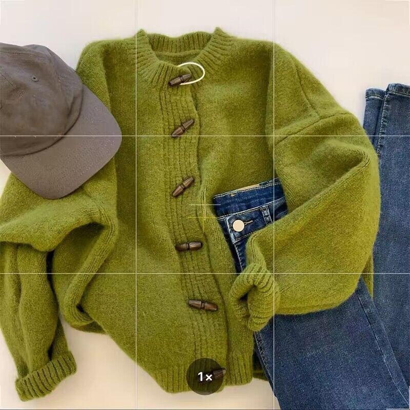 Vintage Soft Round Neck Sweater Knitted Cardigan Jacket Women Spring Autumn