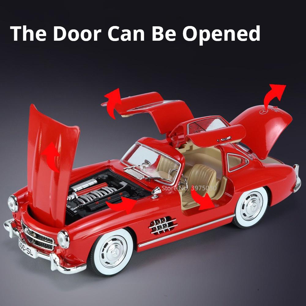 1/24 Benz 300SL Toy Car Model Alloy Diecast with Pull Back Sound and Light Simulation Toy Vehicles Models Boy Birthdays Collect Gifts