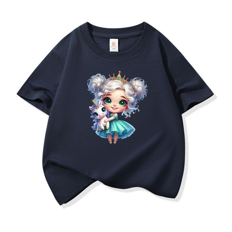 Kids Cotton T Shirt Crowned Princess Girl With Pastel Unicorn Print Crew Neck Short Sleeve Tee Casual Boys Girls Summer Tops