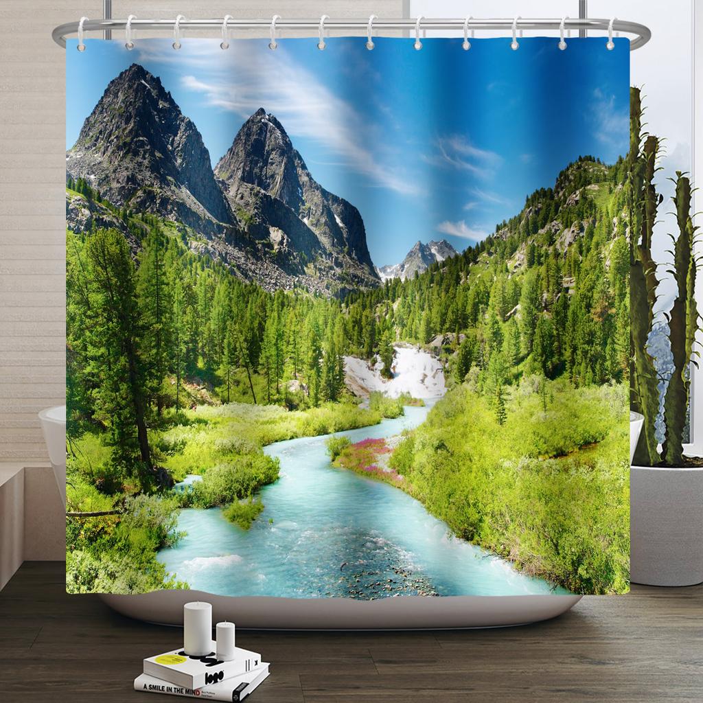 Garden Path Shower Curtain with 12 Hooks Realistic Forest Landscape Butterflies Waterproof Polyester Bathtub Bathroom Curtain