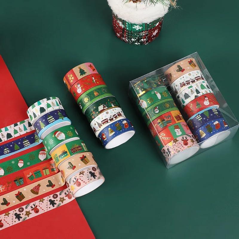 12 Rolls Cute Gold Foil Journal Decor Christmas Tape  Cartoon Holiday Design DIY Handcraft Stationery Supplies Washi Tape