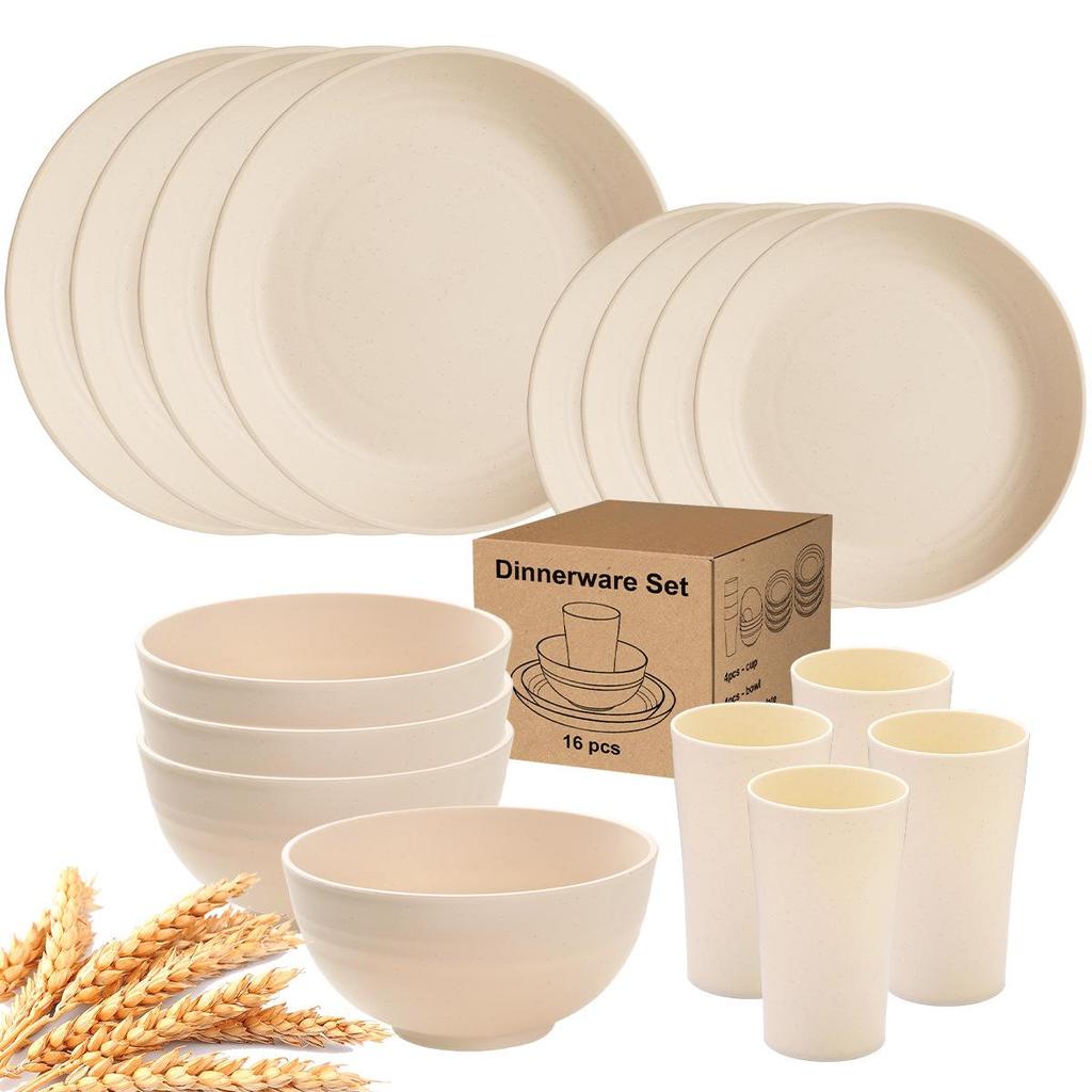 Eco-Friendly Wheat Straw 24-Piece Dinnerware Set: Plates, Bowls, Cups & Cutlery