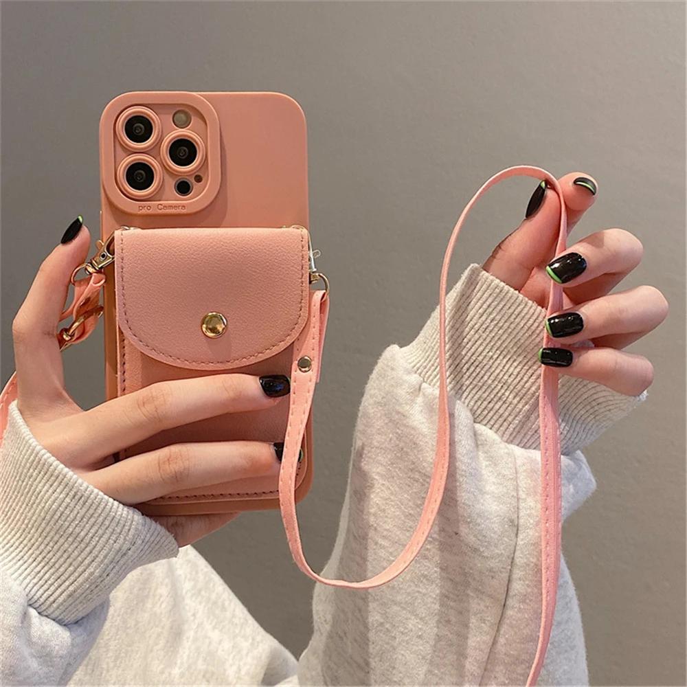 Carteira Couro Transversal Cordão de Pescoço Capa de Celular para iPhone 16 11 15 13 Pro Max X XS XR 7 8 Plus SE Capa Porta Cartões de Luxo For iPhone 14 Pro&Case & Strap cor-de-rosa