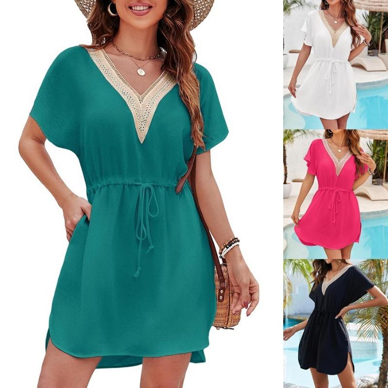 Women's Summer V-neck Lace Elastic Waist Cover-up Holiday Dress