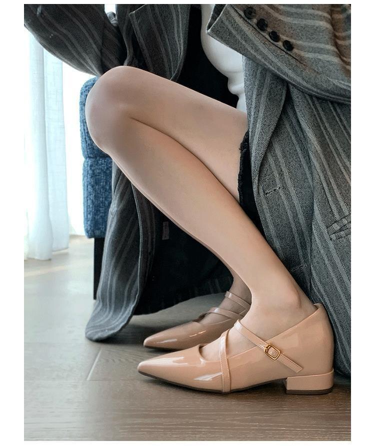 

New thick heel pointed single shoes spring and autumn shallow mouth height increase women s shoes one-word buckle Mary Jane shoes 34 телесный
