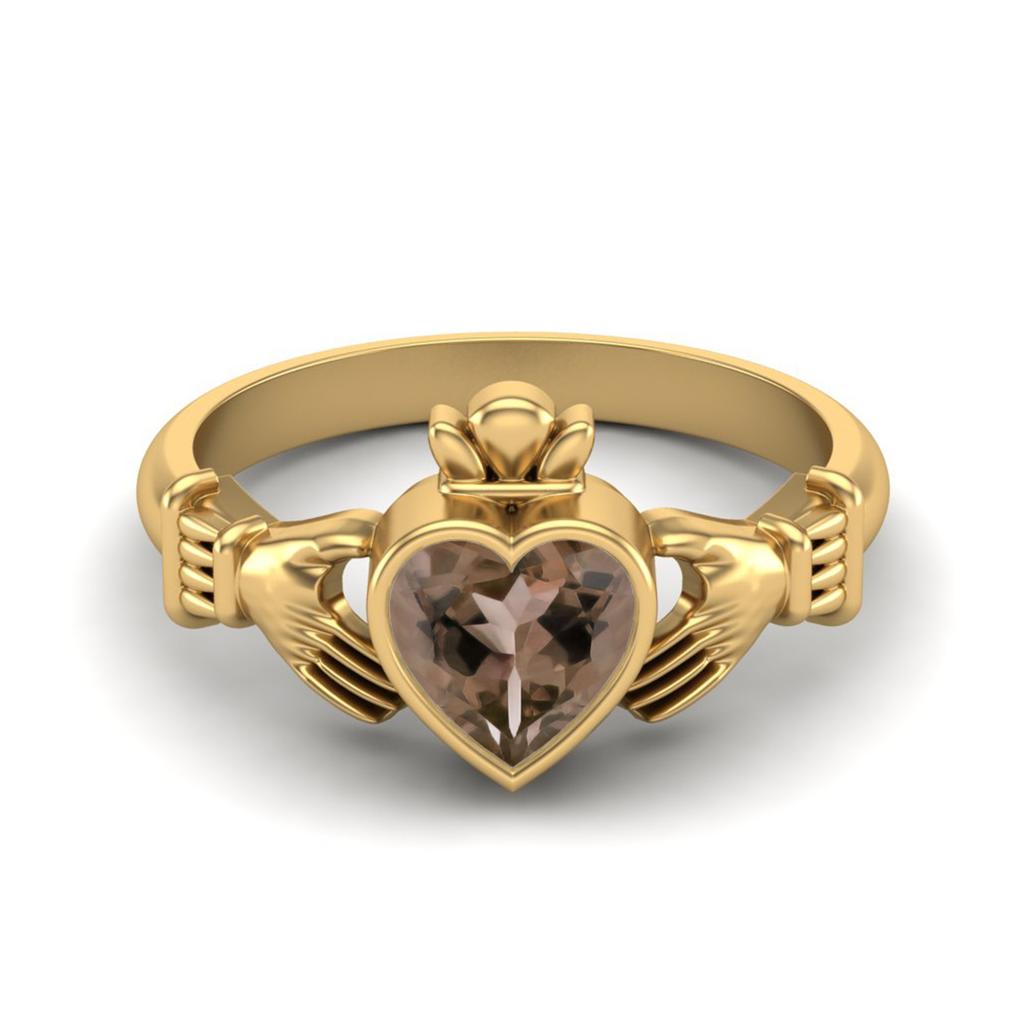 Irish Claddagh 6mm Heart Smoky Quartz 925 Sterling Silver Gold Vermeil Solitaire Women Promise Ring