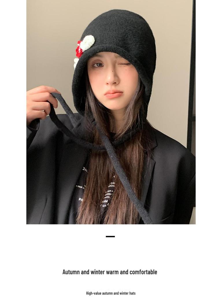 Japanese Style Ear Protection Tie Hat - Women's Windproof, Warm Slouchy Beanie with Floral Wrap for Autumn and Winter